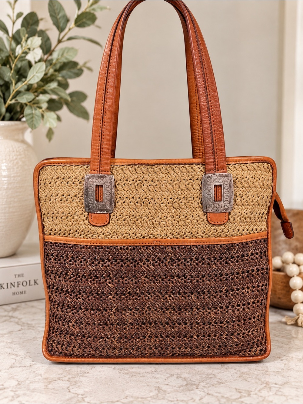 BRIGHTON Woven Straw Raffia Leather Shoulder Bag Brown Tan Boho Y2K